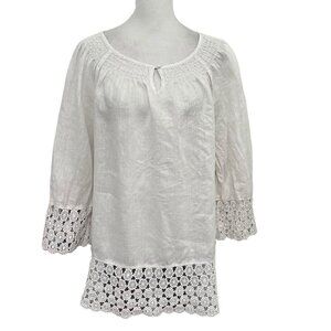 CHARTER CLUB 100% Linen Lace Eyelet Bohemian Tunic Top Blouse White size Large